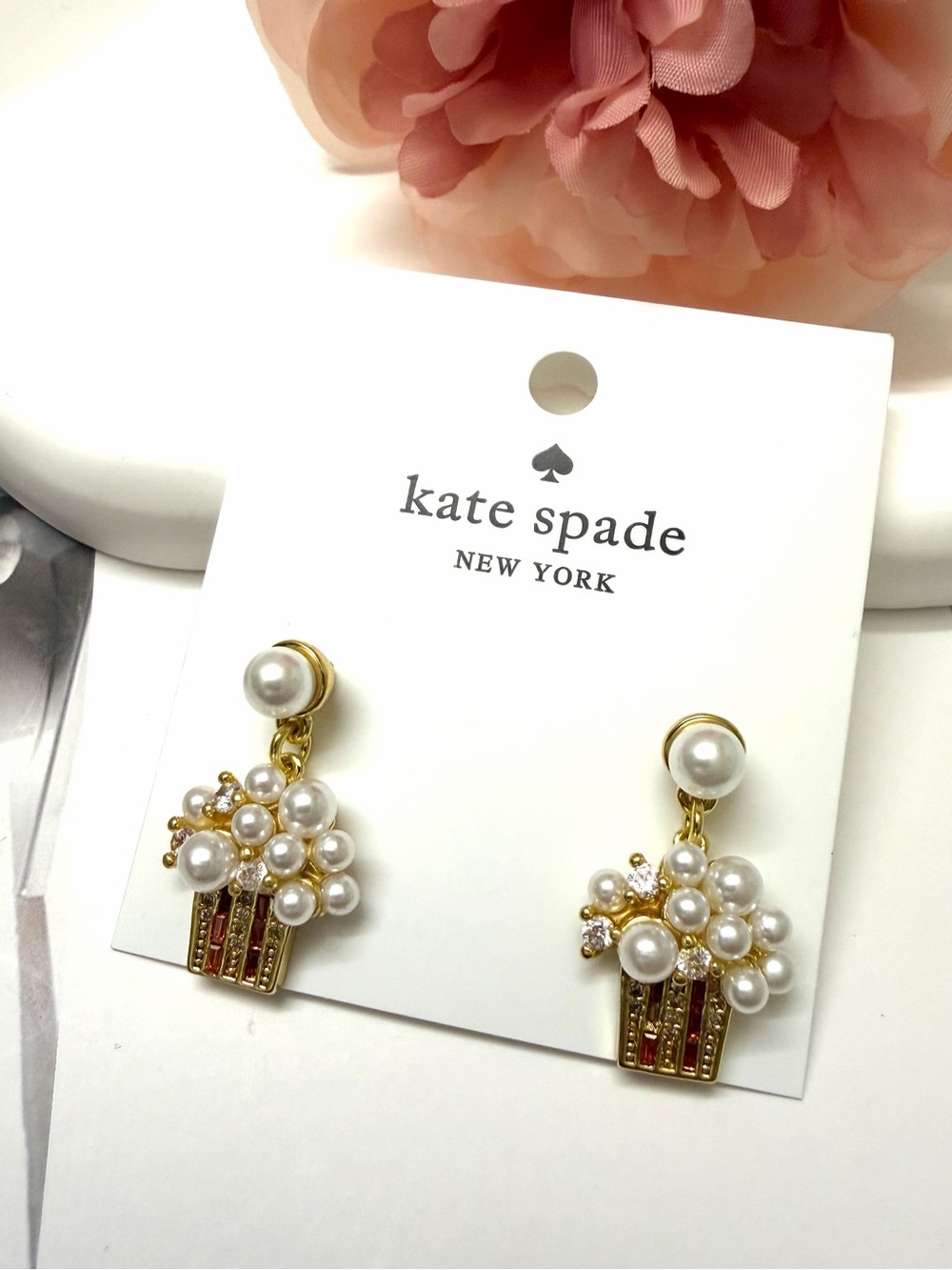 kate spade Gold and White Pearl Popcorn Basket Drop Earrings